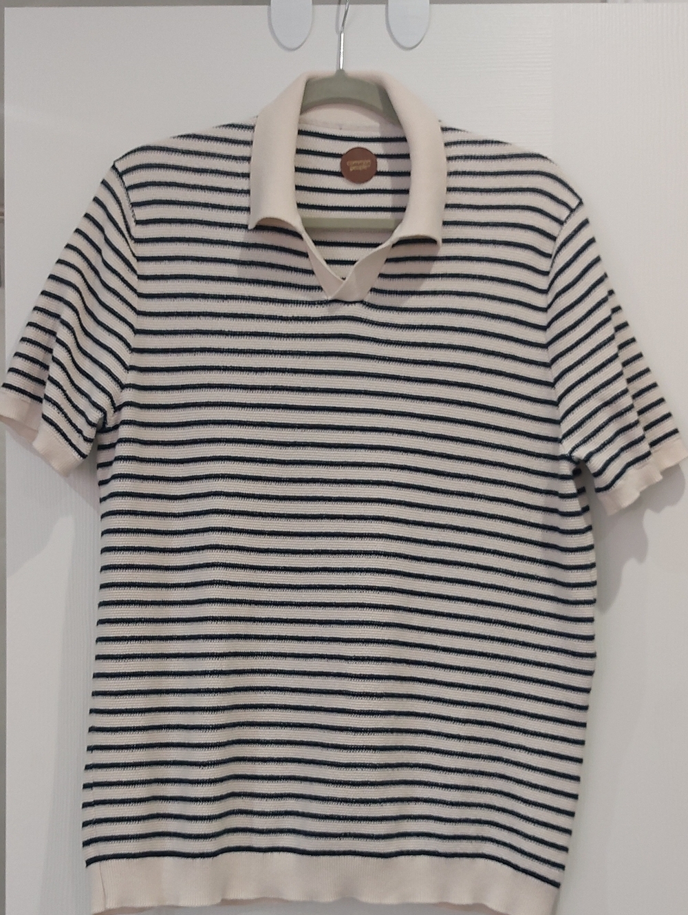 Striped Short-Sleeve Polo Shirt in Cream and Black